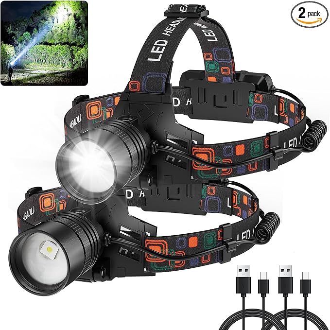 Rechargeable Headlamp 2Pack, 99000 Lumens Super Bright LED Head Lamp by SKNSL