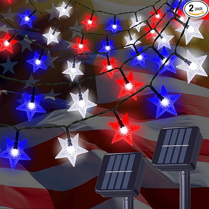 2 Pack Solar Powered Outdoor Patriotic Star String Lights, 100 LED 33 FT Each by LJLNION