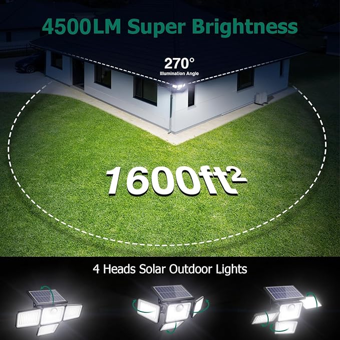 4500LM Solar Lights Outdoor, 4 Adjustable Heads Motion Sensor Lights, 3 Modes - Image 5