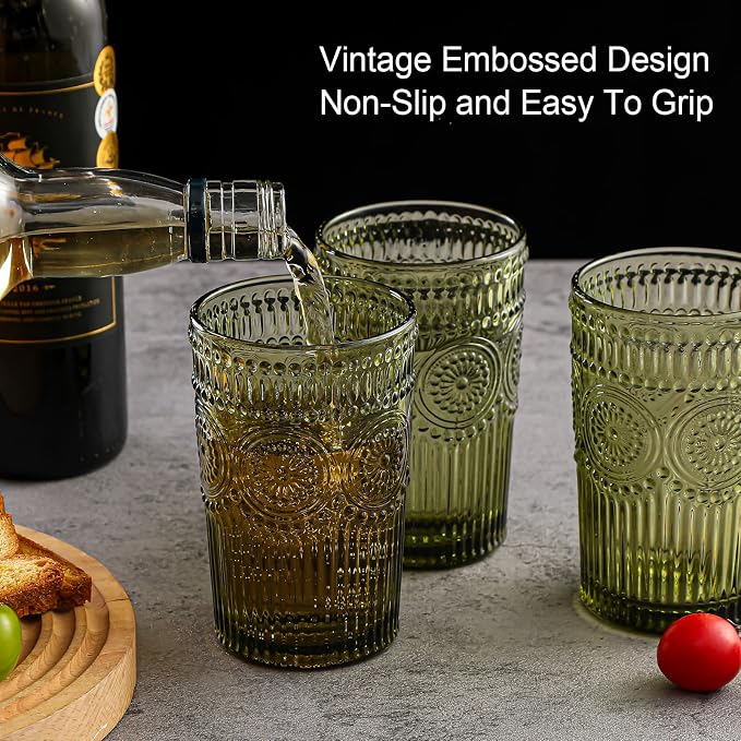 ZMOWIPDL Vintage Glassware Drinking Glasses Set of 6, 13 oz Green Textured - Image 7