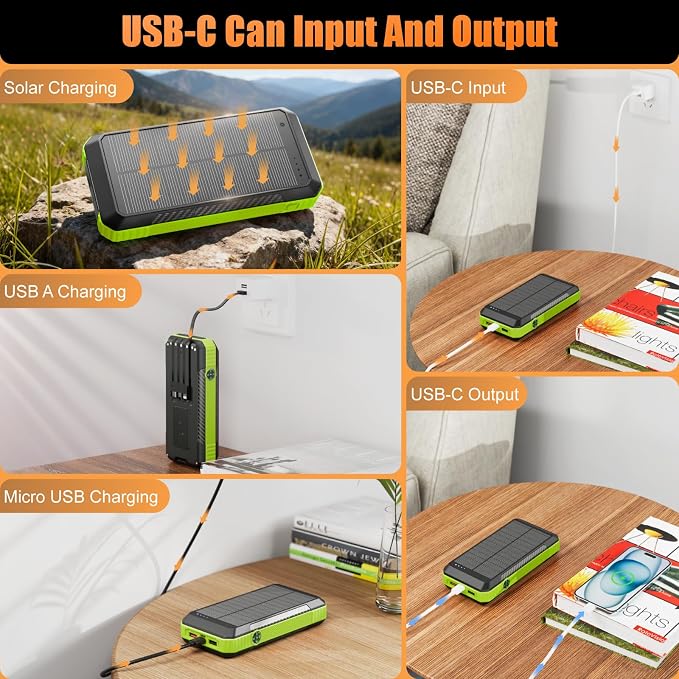 Solar Power Bank 33800mAh with Super Bright LED Flashlight, Built-in 4 Cables & - Image 3