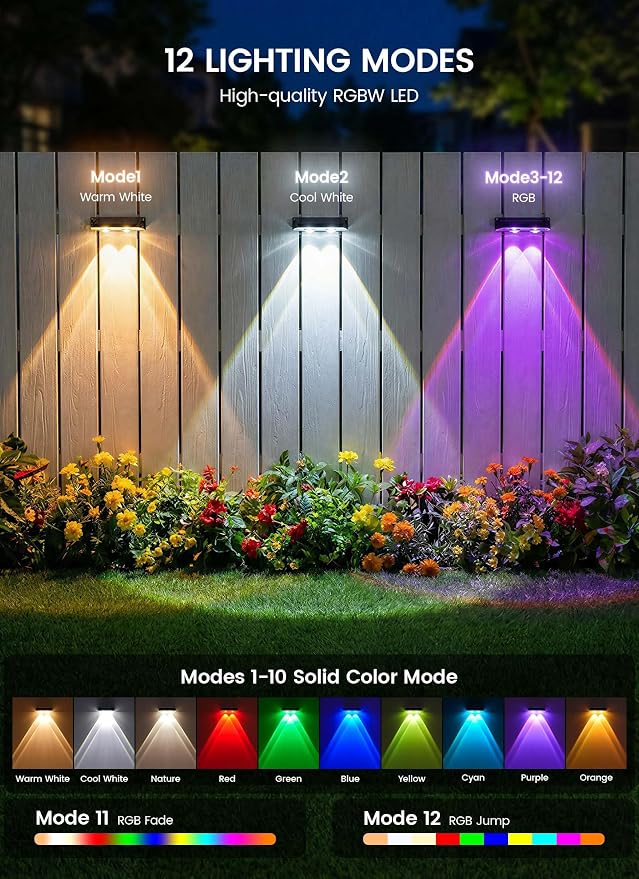 Brightown 8 Pack Solar-Fence-Lights-Outdoor, IP65 Waterproof Warm White & RGB - Image 2