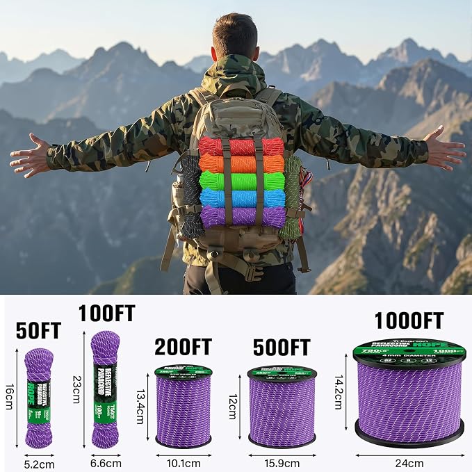 Reflective Paracord Rope 750 lb - 500ft 5/32" Parachute Cord 4MM 12-Strand para - Image 5
