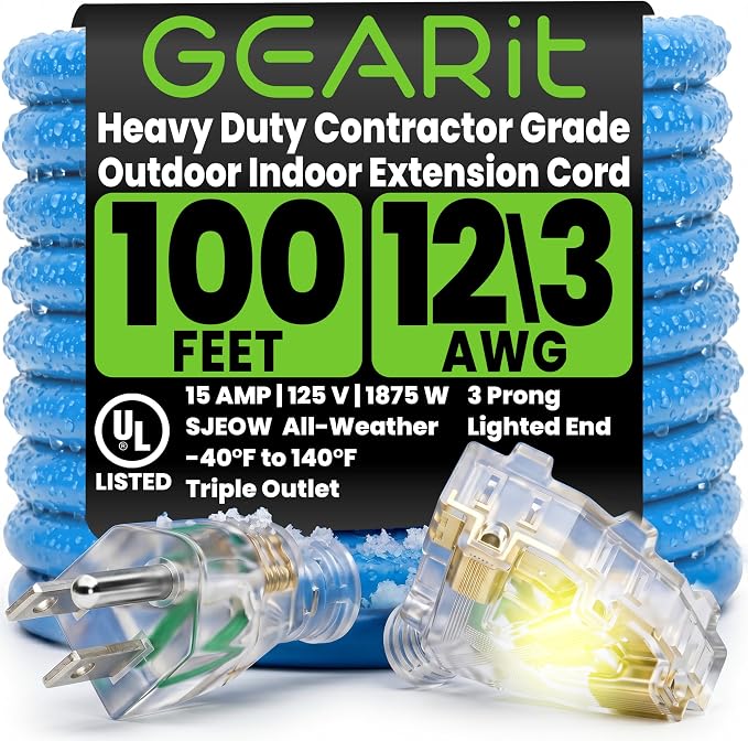 GEARit 100 Ft Extension Cords 12/3 Gauge Outdoor/Indoor Triple Outlet SJEOW 12 by GEARit