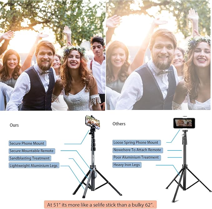 Fugetek 51" Professional Selfie Stick Tripod, 100% All Aluminum Stick & Legs - Image 2