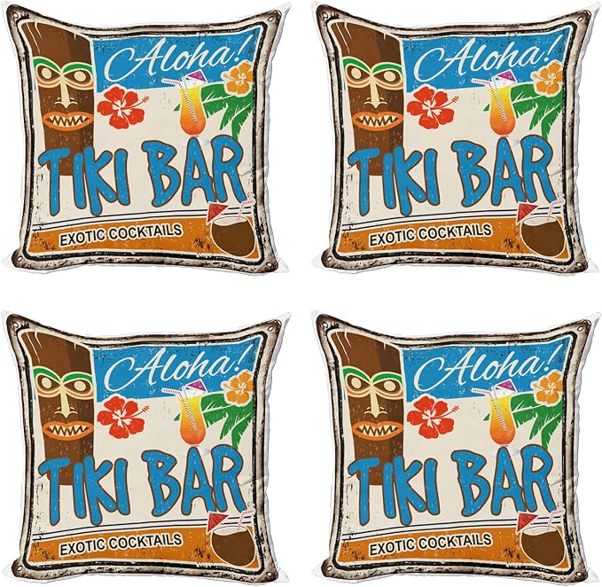 Ambesonne Tiki Bar Decorative Throw Pillow Case Pack of 4, Rusty Vintage Sign by Ambesonne