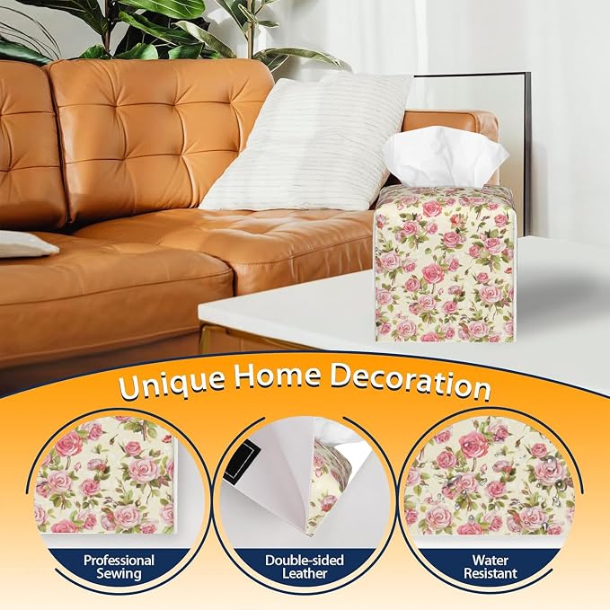 Tissue Box Cover Square, Watercolor Pink Roses Tissue Box Holder Waterproof - Image 4