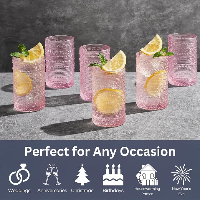 Khen Hobnail Beaded Highball Drinking Tumbler Glasses | Set of 6 | Pastel Pink - Image 2