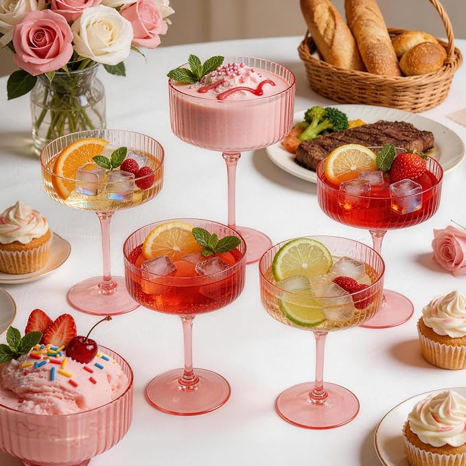 PLULON 12 Pcs Pink Champagne Martini Glasses Set 10 Oz Plastic Ribbed Coupe Cup - Image 6