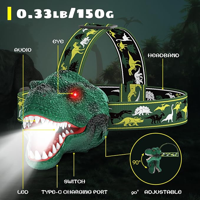 Dysaim Kids Headlamp, Rechargeable T-Rex Dinosaur Headlamp - Image 9