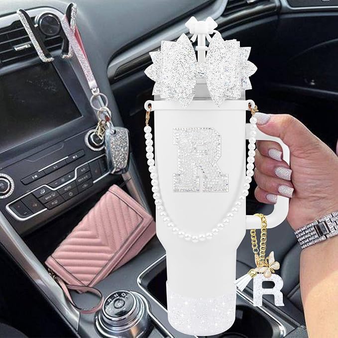 9PCS White for Stanley Cup Accessories Set Bling Initials Bow Charms for - Image 6