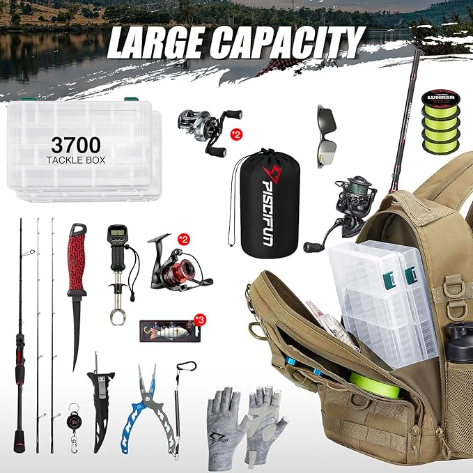 Piscifun Fishing Backpack with Rod Holder, Lightweight Sling Bag Storge Gear - Image 7