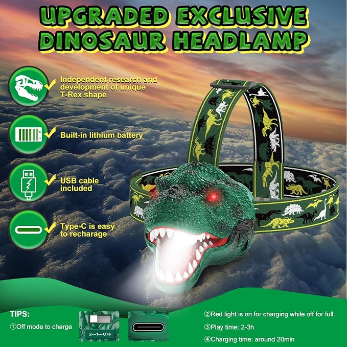 Nitigo Dinosaur Headlamp for Kids Flashlight Rechargeable Led Dino Head Lamp - Image 6