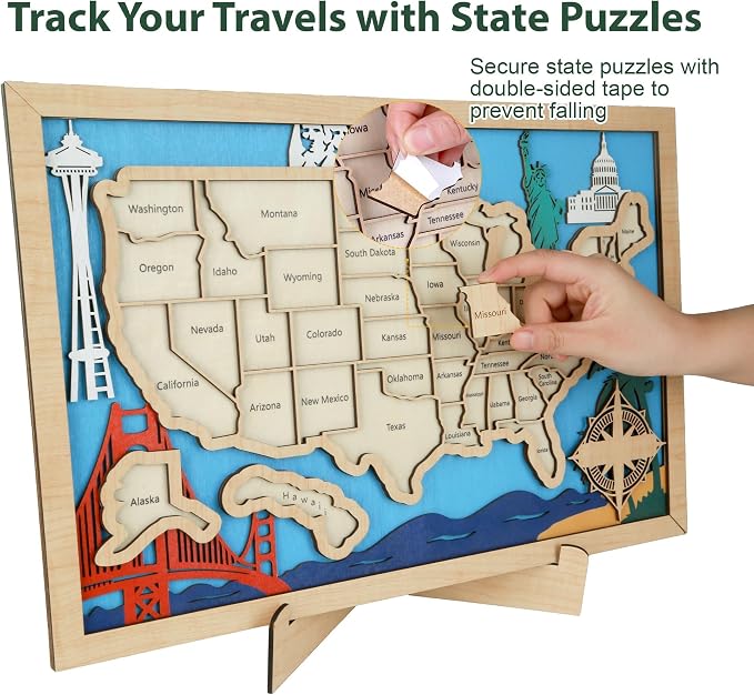 Wooden USA Landmark Travel Map, 16.5 x 11, 3-Layer Wood State Map Tracker Puzzle - Image 7