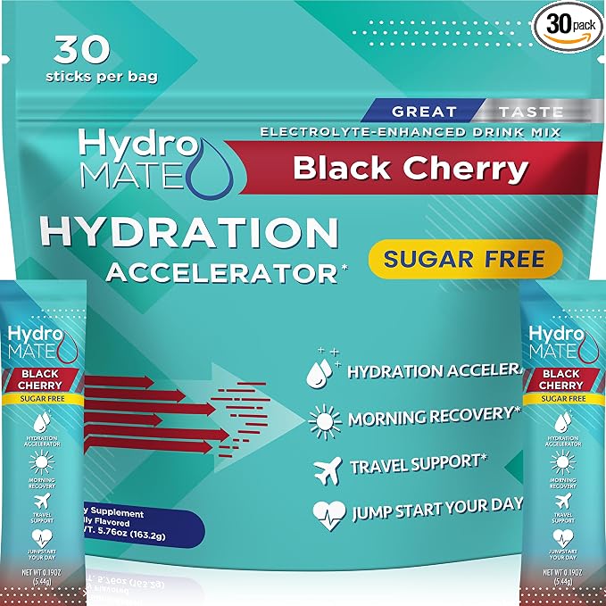Electrolyte Powder Sugar-Free Hydration Packets Black Cherry HydroMATE 30 Sticks by HydroMATE