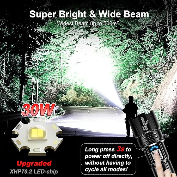 Flashlight 10000 High Lumens Rechargeable - 30W Super Bright LED Flash Light | - Image 2