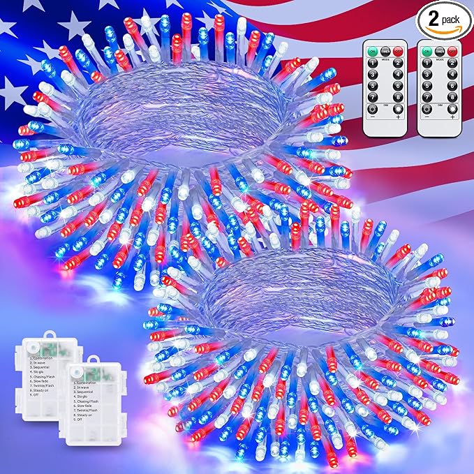 JMEXSUSS 2 Pack Red White and Blue Lights Outdoor, 33ft 100 LED 4th of July by JMEXSUSS