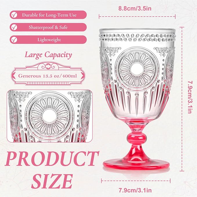 XUWAIDSGN 6Pcs Plastic Vintage Wine Glasses 13.5oz Reusable Embossed Goblet - Image 4