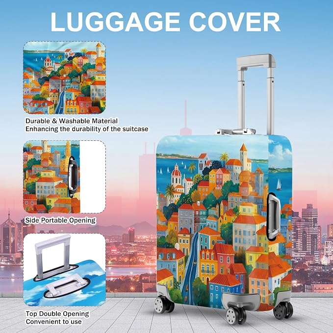 ANNA QUEEN Mediterranean Town Luggage Cover, Coastal City Suitcase Protector - Image 2