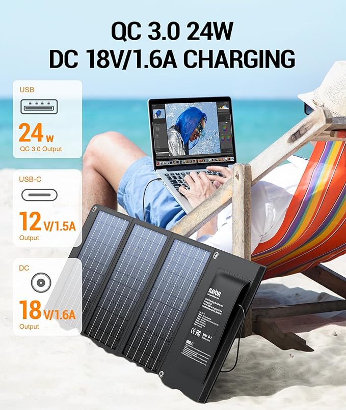 BLAVOR 30W Solar Charger USB-A QC3.0 24W USB-C DC 30W Outputs, Foldable Solar - Image 4