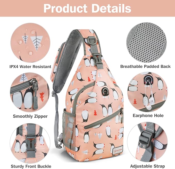 ZOMAKE Sling Bag, Penguin Pink, 5 Separate Compartments, Anti-Theft, Adjustable - Image 4