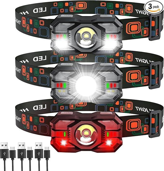Rechargeable Headlamp Flashlight 3-Pack, 2000 Lumen Super Bright LED Headlight by Sogdeco