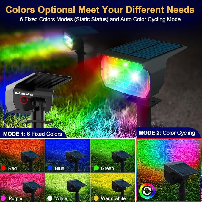 nipify 2 Pack Solar Spot Lights Outdoor Color Changing, 7 Modes Halloween RGB - Image 2