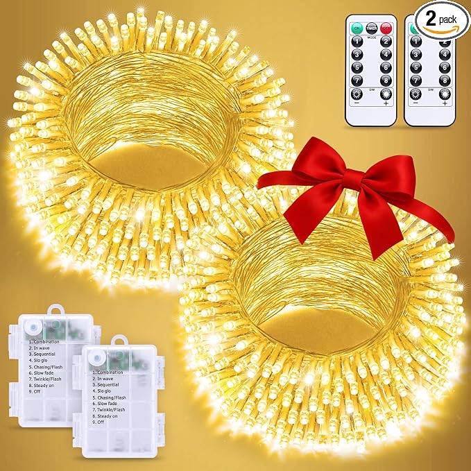 JMEXSUSS 2 Pack Battery Operated String Lights Outdoor Indoor, Total 66ft 200 by JMEXSUSS