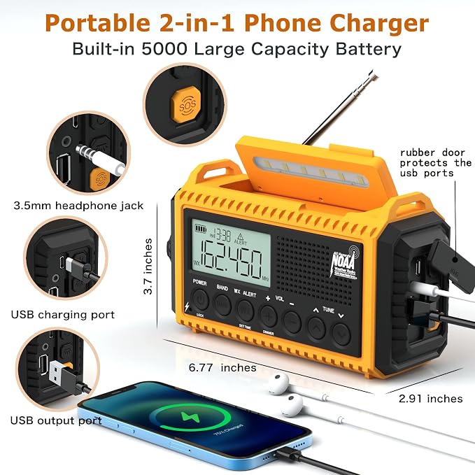 Eoxsmile NOAA Emergency Weather Radio - 5000mAh Solar/Hand Crank/Battery - Image 3