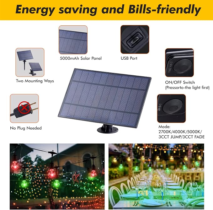35FT Solar String Lights Outdoor, 11 Shatterproof LED Edison Bulbs, Dimmable - Image 6