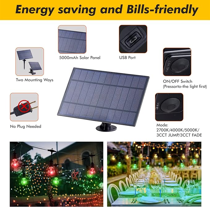 Solar Outdoor RGB String Lights, 48FT Dimmable Patio Lights - Image 5
