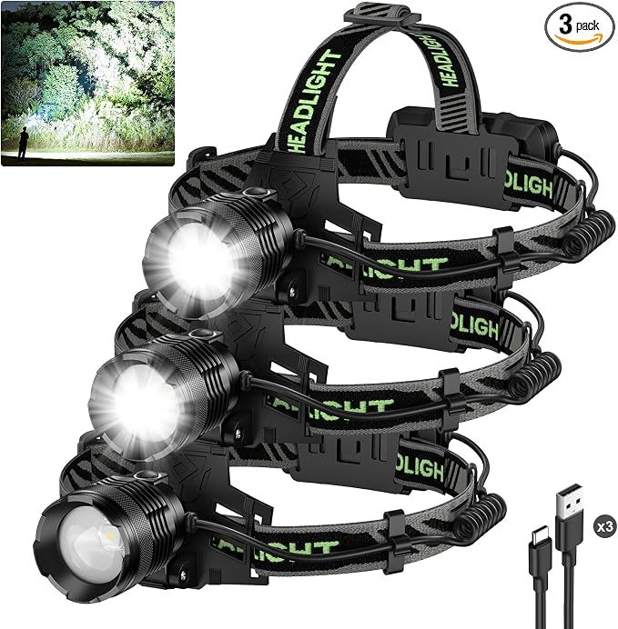 3Pack Rechargeable Headlamp Super Bright, 99000 Lumens LED Head Lamp by SuperBrightRechargeable