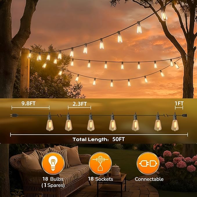 GPATIO Outdoor String Lights, 50FT ST38 Bulbs Shatterproof Patio Lights - Image 6