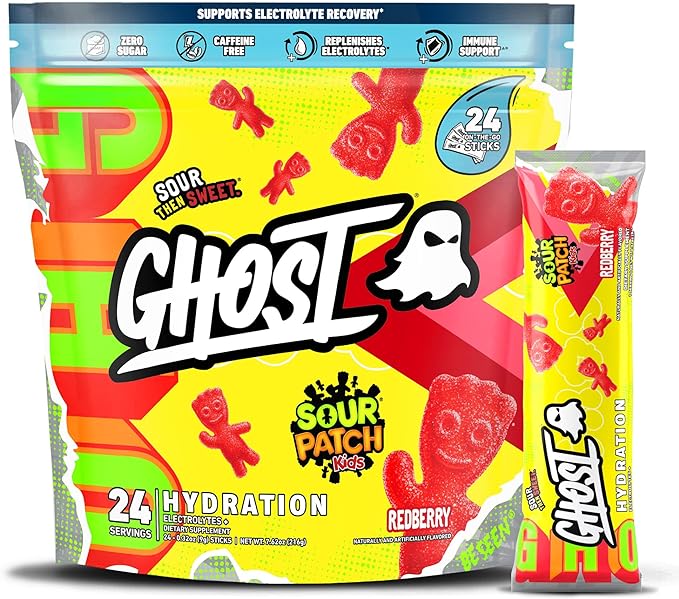 GHOST Hydration Packets, Sour Patch Kids Redberry, 24 Sticks, Electrolyte Powder by GHOST