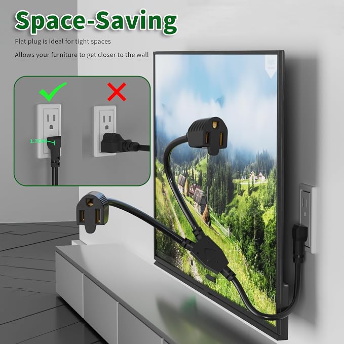 Elecan 3-Prong Y Splitter Power Extension Cord 1 FT, 90-Degree Angled Flat Plug - Image 4