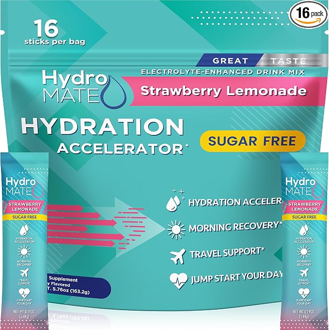 Electrolyte Powder Sugar-Free Hydration Packets Strawberry Lemonade HydroMATE by HydroMATE