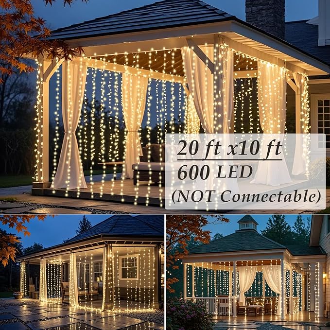 Solhice LED Curtain Lights Outdoor 20ft x10ft, 600 LED Plug in Hanging String - Image 2