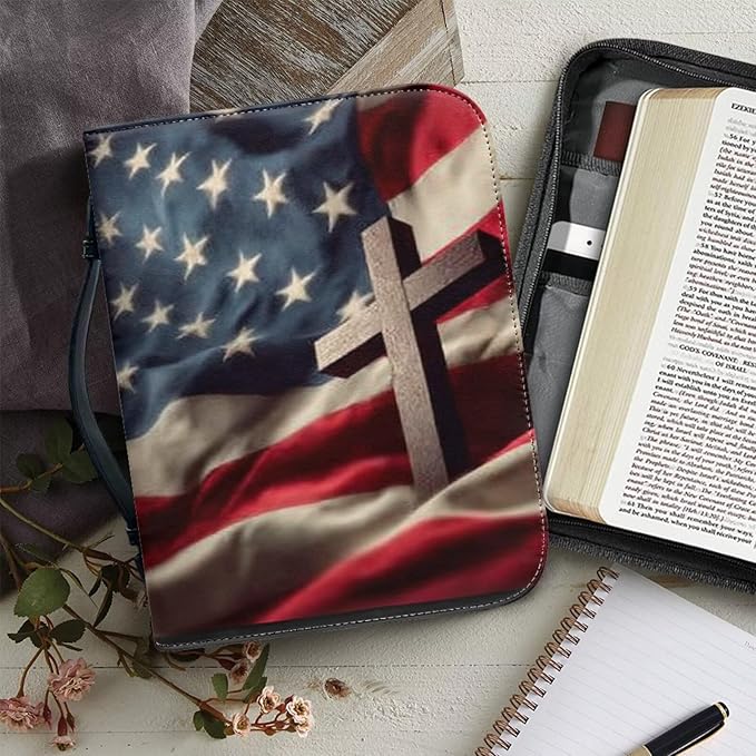 Large Bible Cover Case for Women Men American Flag and Cross PU Leather Bible - Image 5
