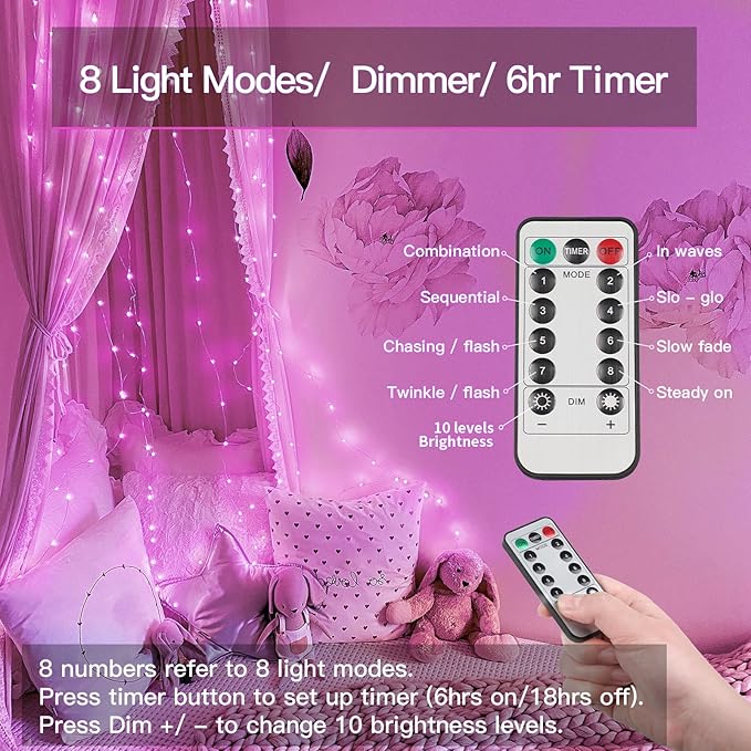 suddus Pink Fairy Lights Battery Operated Outdoor Waterproof, 33ft 100 Led - Image 3