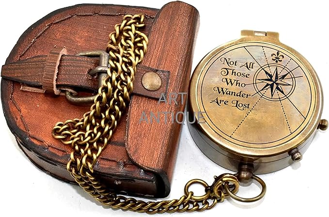 Vintage Brass Compass with Leather Case – Engraved “Not All Those Who Wander - Image 5