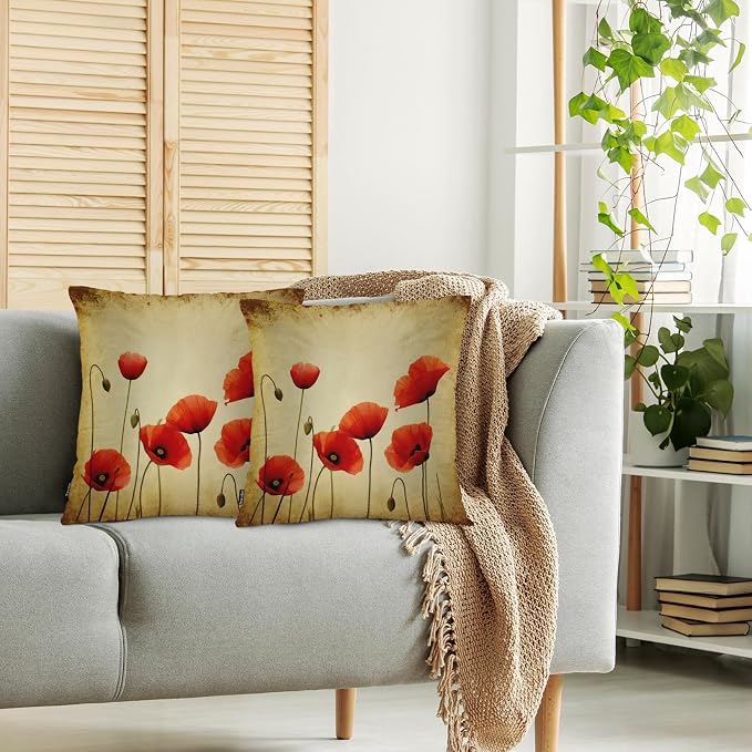 Swono Poppies Throw Pillow Cases, Grunge Poppy Flower Field Set of 2 Decorative - Image 2