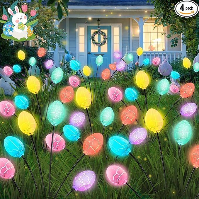 Upgraded 4 Pack Solar Easter Egg Lights Outdoor, Colorful Swaying Firefly Lights by BOSSERN
