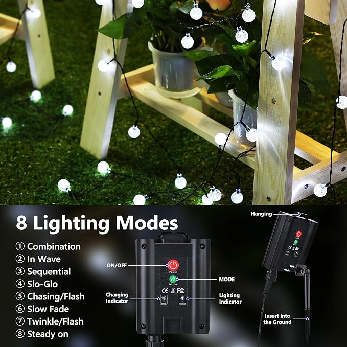 Joomer Solar String Lights Outdoor, 65FT 100LED Globe String Lights 8 Lighting - Image 4