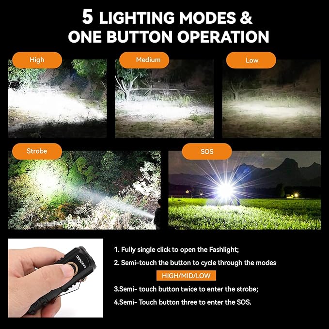 UNROEVS Mini Flashlight 2550 Lumens Rechargeable USB C Charging, Small - Image 2