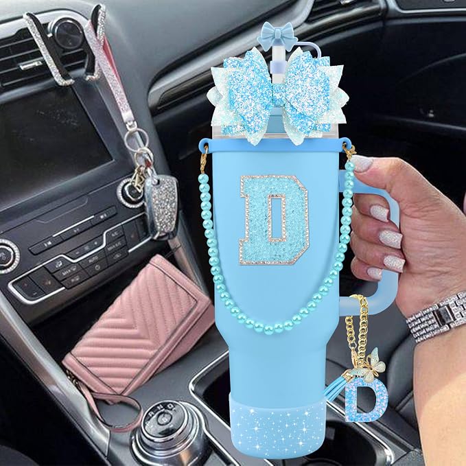 9PCS Blue for Stanley Cup Accessories Set Bling Initials Bow Charms for Stanley - Image 6