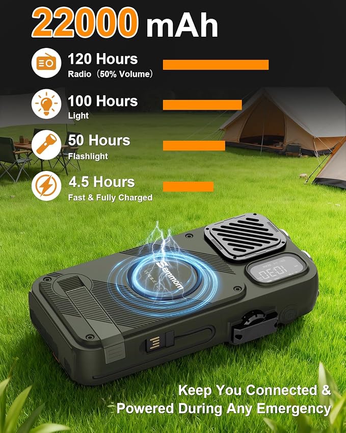 Emergency Radio&22000mAh Solar Power Bank, FM NOAA Weather Radio, Portable Hand - Image 3