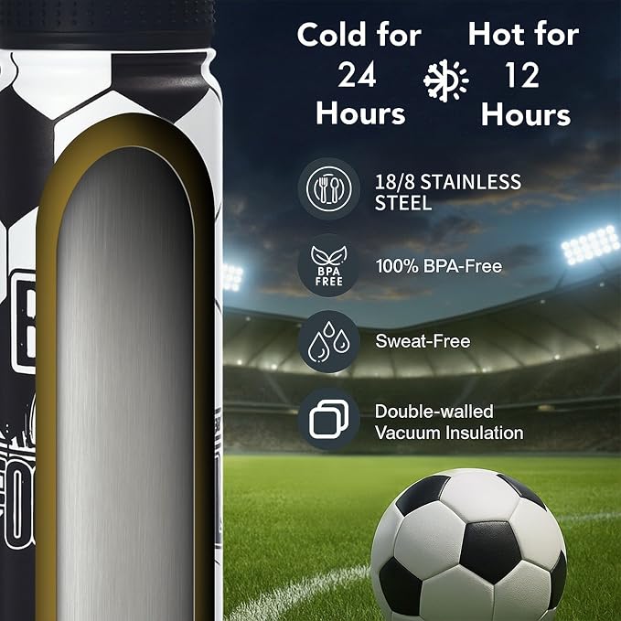 Soccer Water Bottle, 24 oz Insulated Stainless Steel Sports Bottle - Image 6