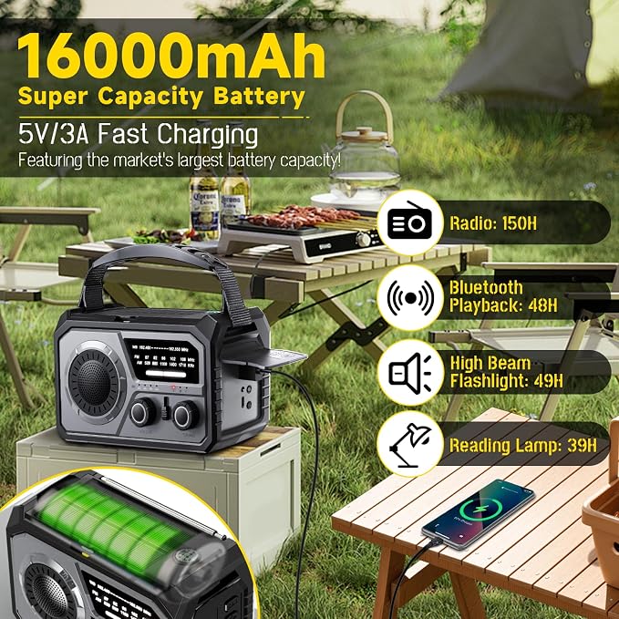 59200mWh Emergency Radio - 16000mAh Portable Solar Hand Crank NOAA/AM/FM - Image 2