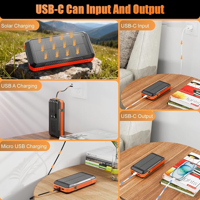 Solar Power Bank 33800mAh with Super Bright LED Flashlight, Built-in 4 Cables & - Image 3