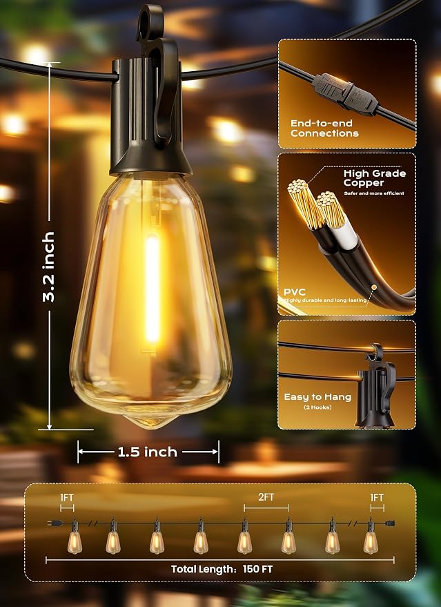 Brightown Outdoor String Lights, 150FT 75+2 LED ST38 LED Patio Lights - Image 7